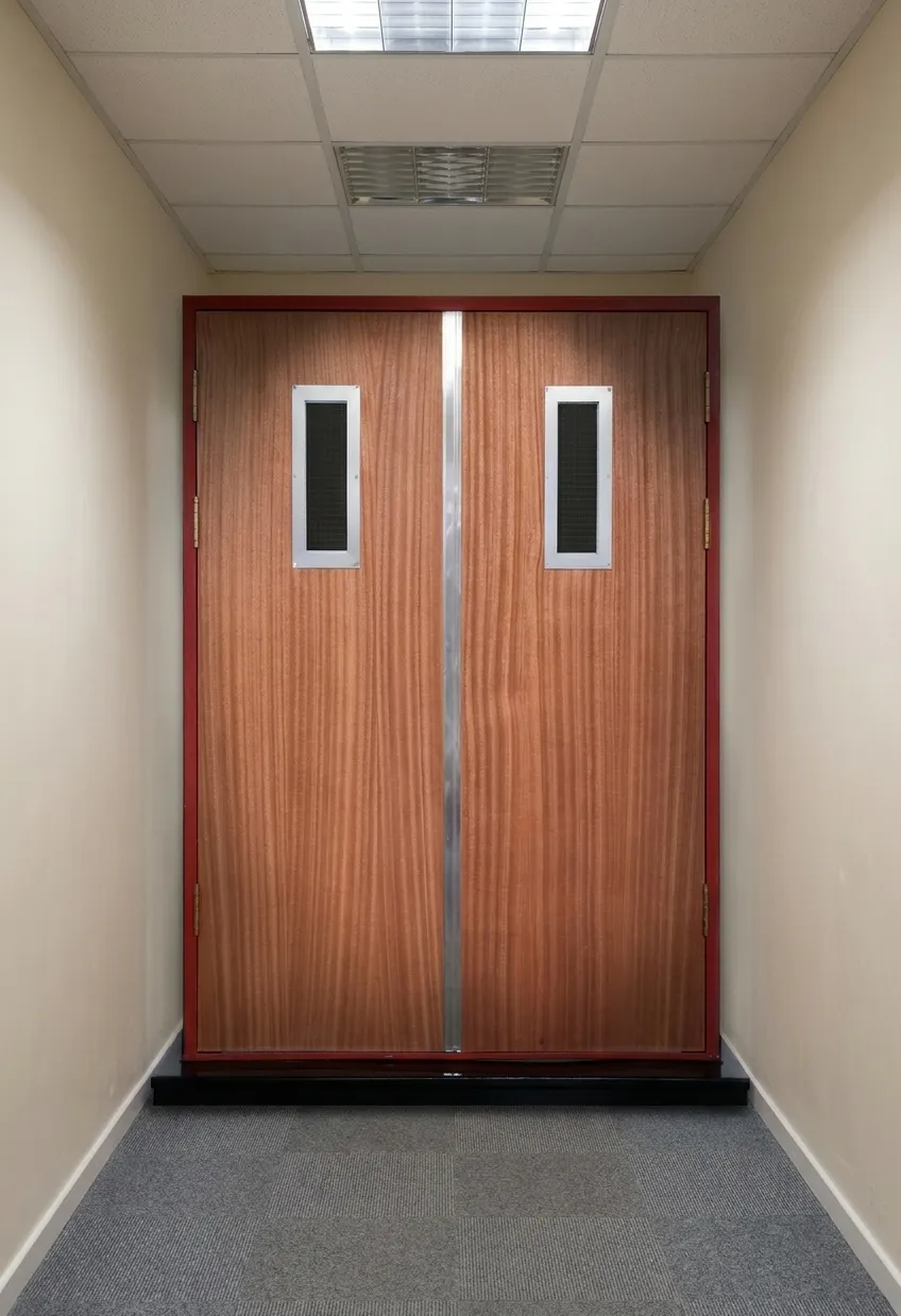 Timber-finish double doors with vision panels at the end of an office corridor