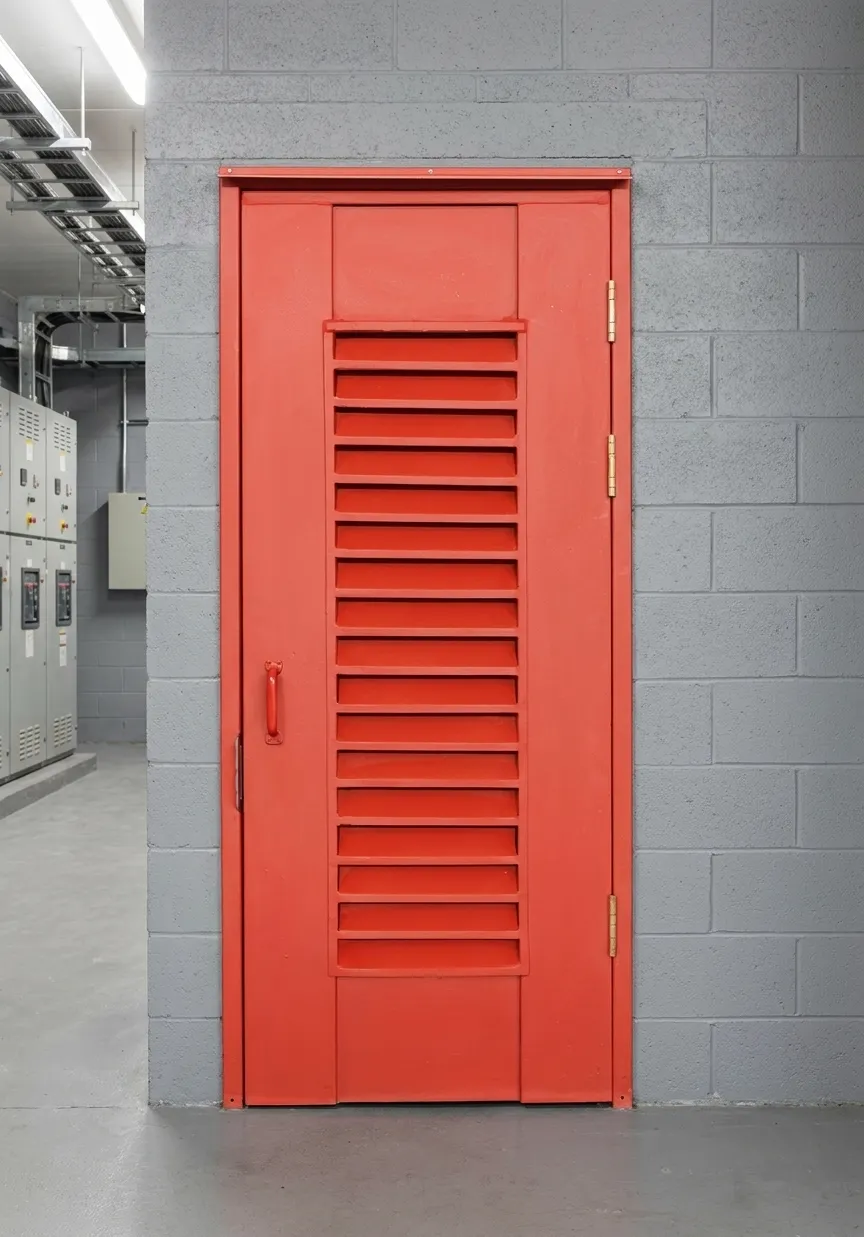 Red louvred transformer room door in a substation interior