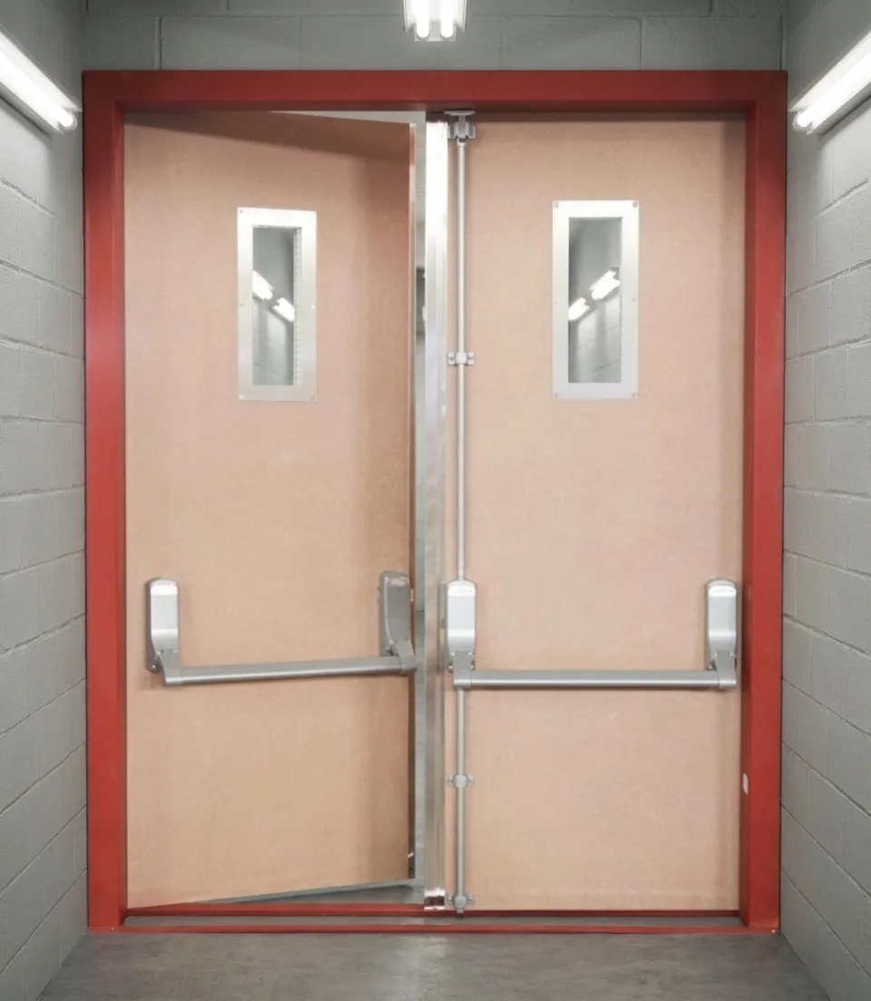 Steel escape doors with push-bar hardware in a commercial escape corridor